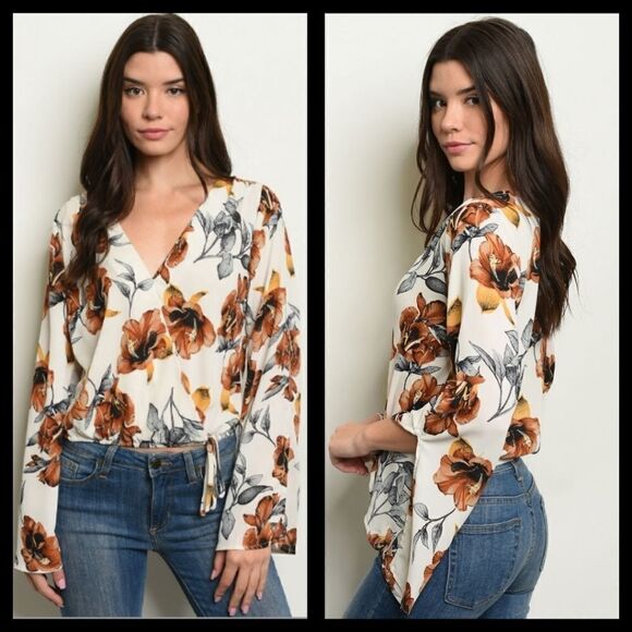 Fall Floral Gypsy Blouse Cream and Brown - Picture 3 of 6